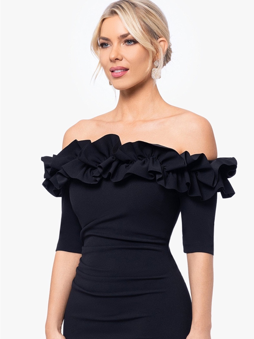 Xscape, Black Off-Shoulder Ruffle Dress, Size 4